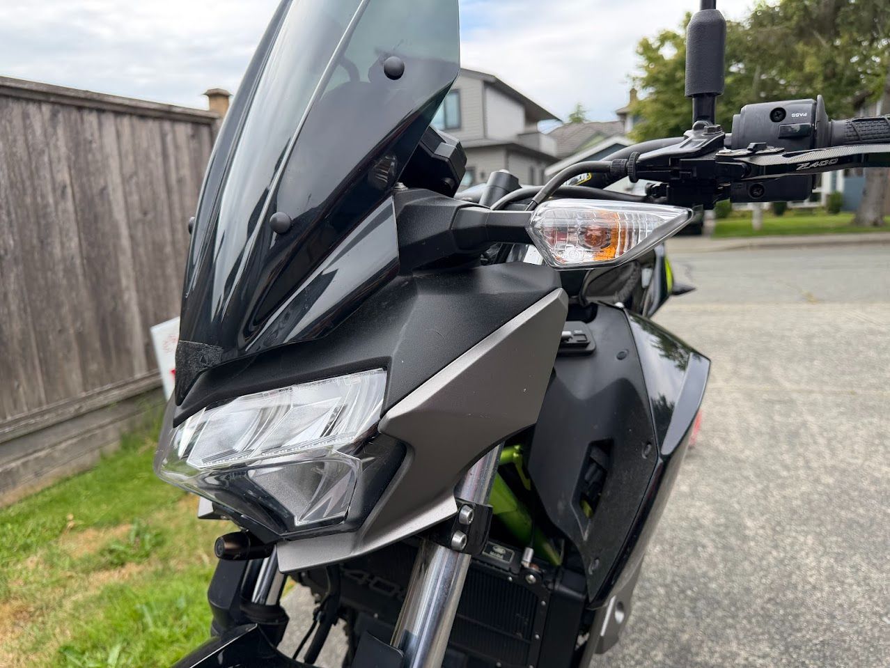 Front view of a motorcycle prepared for an evening ride around Metro Vancouver